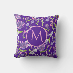 Monogram Romantic Purple Pink Feminine Floral  Throw Pillow