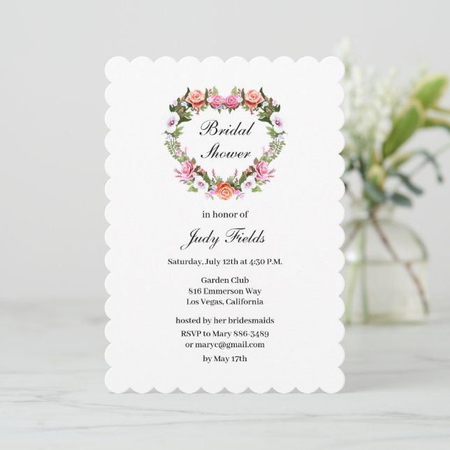 Monogram Romantic Roses Floral Heart Bridal Shower Invitation (Standing Front)