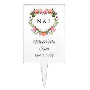 Monogram Romantic Roses Floral Heart Cake Topper