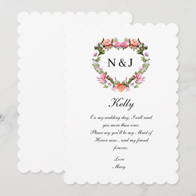 Monogram Romantic Roses Floral Heart Maid Of Honor Invitation (Front/Back)