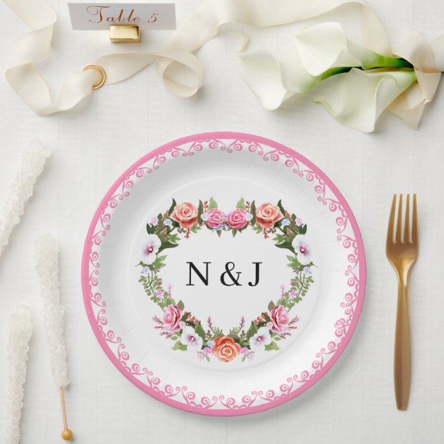 Monogram Romantic Roses Floral Heart Paper Plates (Wedding)