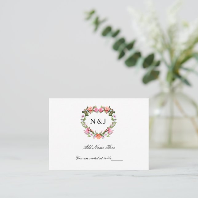Monogram Romantic Roses Floral Heart  Place Card (Standing Front)