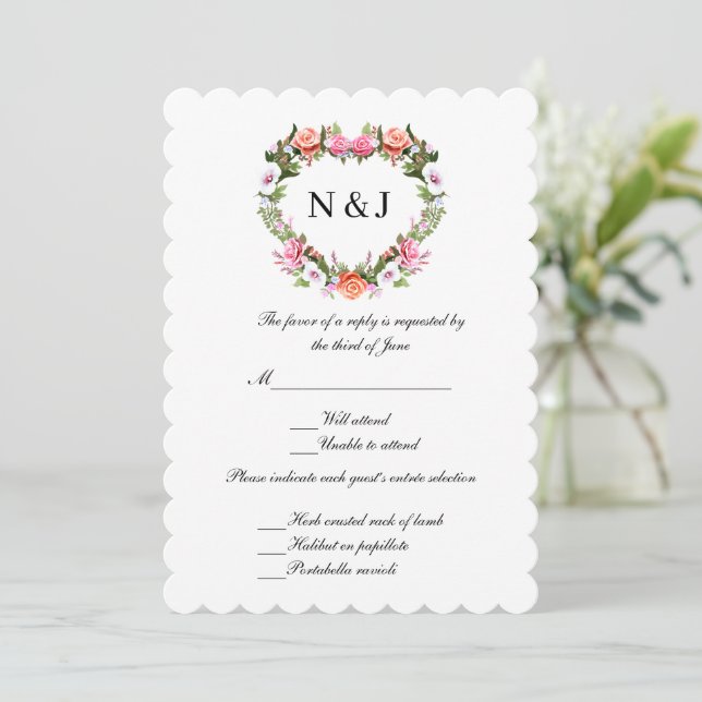 Monogram Romantic Roses Floral Heart Response Card (Standing Front)