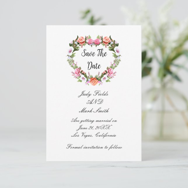 Monogram Romantic Roses Floral Heart Save The Date (Standing Front)