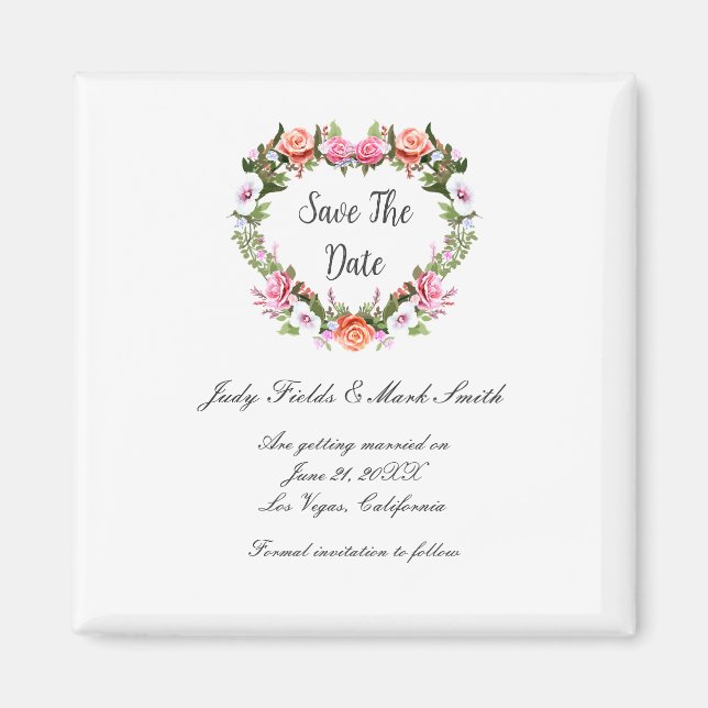 Monogram Romantic Roses Floral Heart Save The Date Magnet (Front)