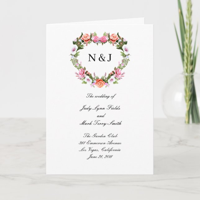 Monogram Romantic Roses Floral Heart Wedding  Program (Front)