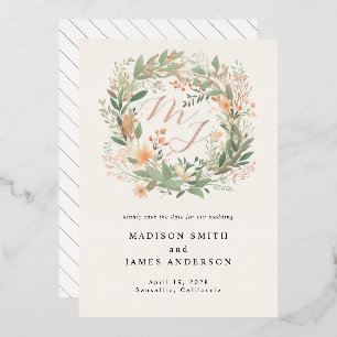 Monogram Romantic Spring Floral Wreath Wedding Foil Invitation