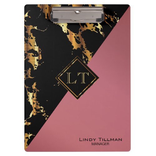 Monogram Rose Black and Gold Marble Clipboard