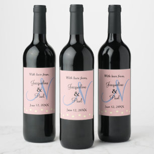 Monogram Rose Blue Polka Dots Wine Label