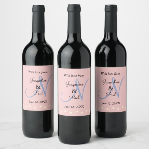 Monogram Rose Blue Polka Dots Wine Label