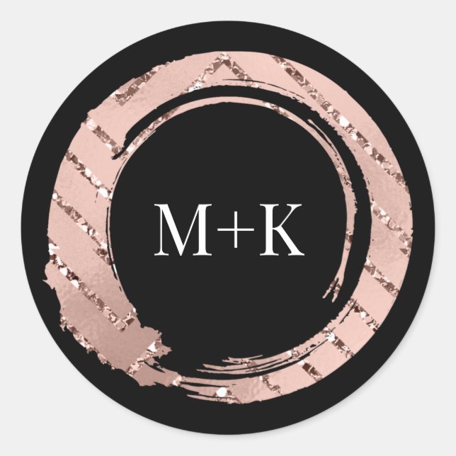 Monogram Rose Blush Frame Bridal Wedding Black Classic Round Sticker (Front)