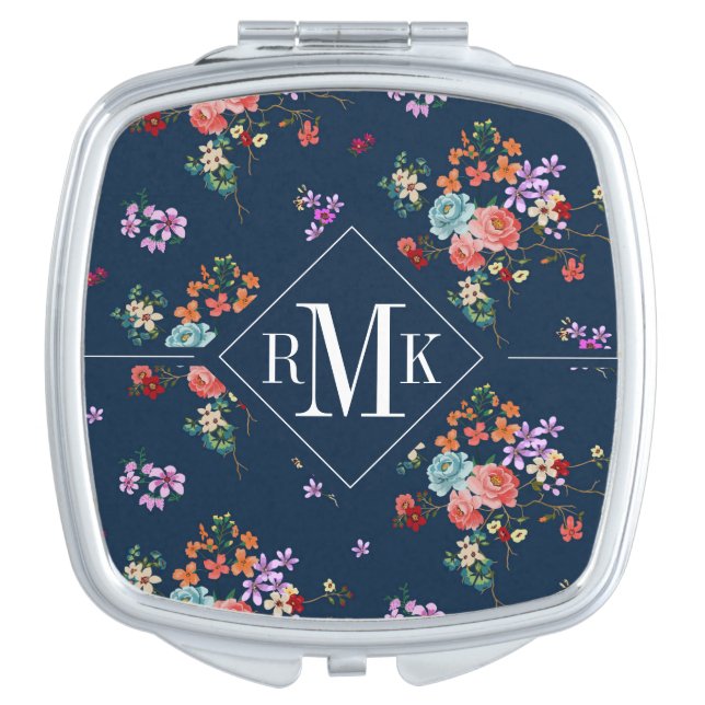Monogram | Rose Bouquet Floral Pattern Compact Mirror (Front)