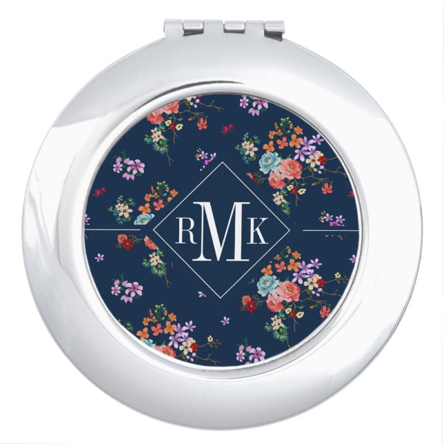 Monogram | Rose Bouquet Floral Pattern Compact Mirror (Front)