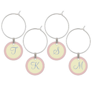 Monogram Rose Cream Blue Circles Wine Charm