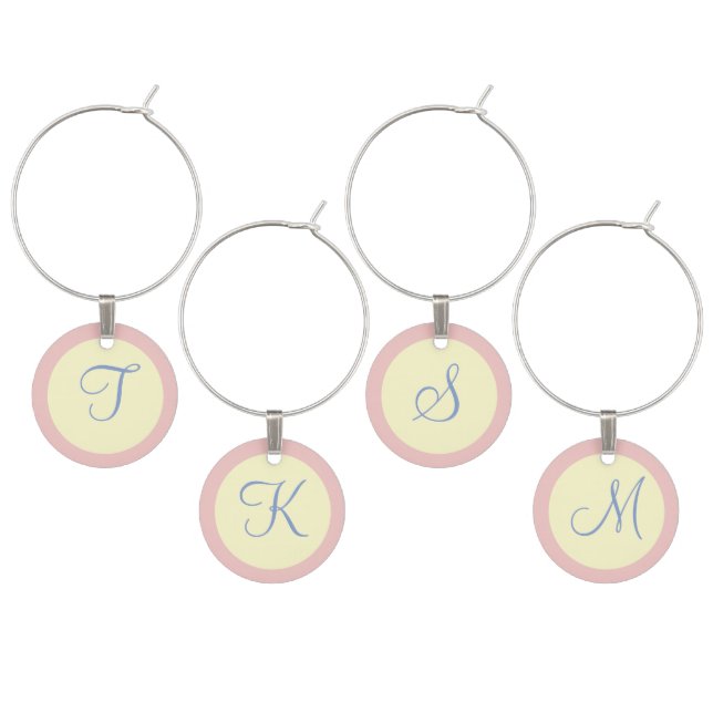 Monogram Rose Cream Blue Circles Wine Charm (Staggered)