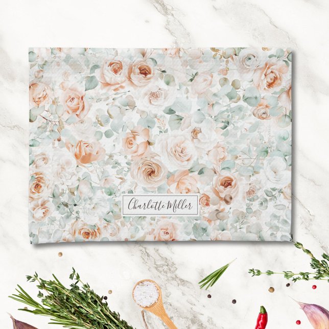 Monogram Rose Eucalyptus Leaves Greenery Floral Kitchen Towel (In situ)