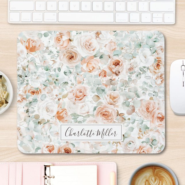 Monogram Rose Eucalyptus Leaves Greenery Floral Mouse Pad (In situ)