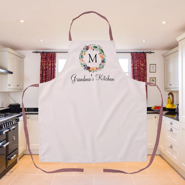 Monogram Rose Flower Floral Wreath Best Grandma Apron (In situ)