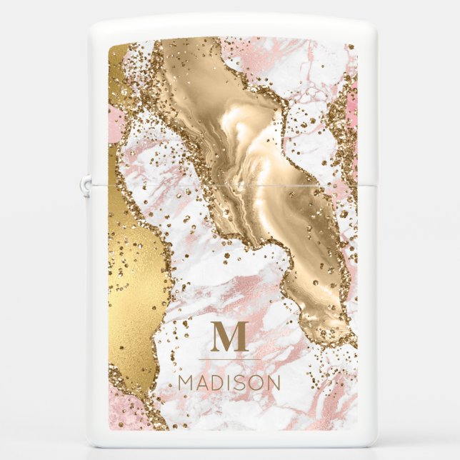  Monogram Rose Gold Agate Liquid & Glitter Gold  Zippo Lighter (Front)