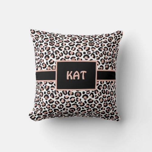 Monogram Rose Gold and Black Leopard Print  Throw Pillow