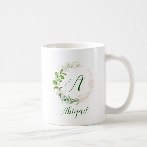 Monogram Rose Gold and Green Geometrical Wreath Coffee Mug