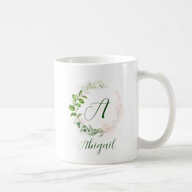 Monogram Rose Gold and Green Geometrical Wreath Coffee Mug (Right)