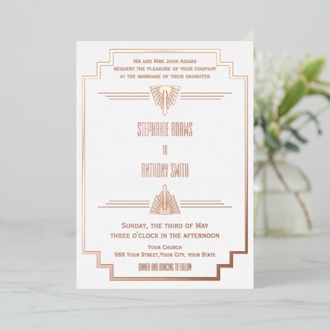 Monogram Rose Gold and White Art Deco Wedding Foil Foil Invitation (Standing Front)