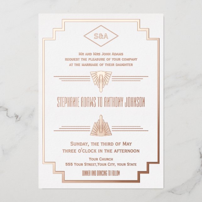 Monogram Rose Gold, and White Art Deco Wedding Foil Invitation (Front)