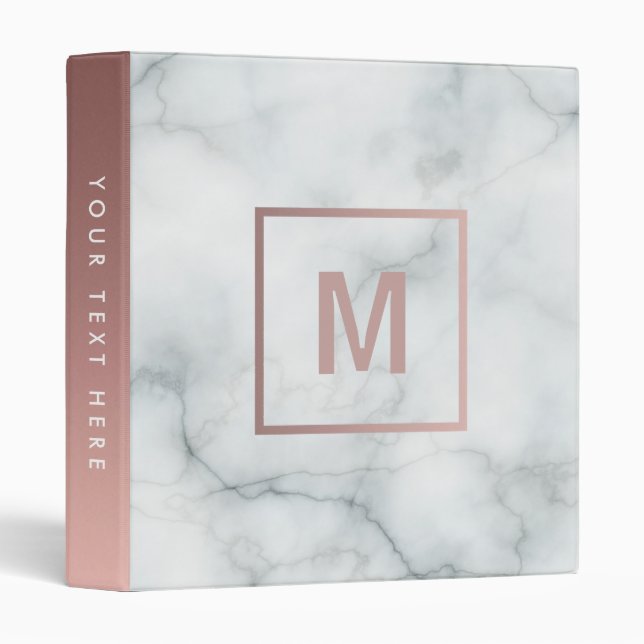 monogram rose gold and  white marble stone 3 ring binder (Front/Spine)