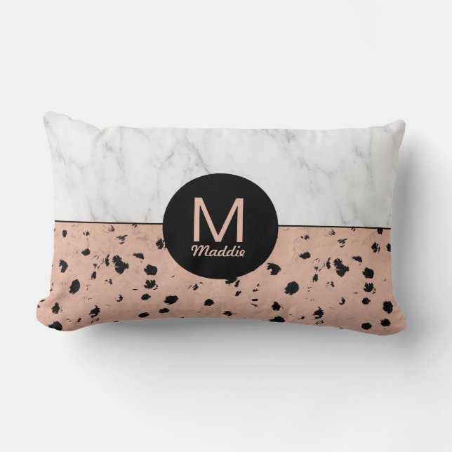 Monogram Rose Gold Animal Print and Marble Pattern Lumbar Pillow (Front)