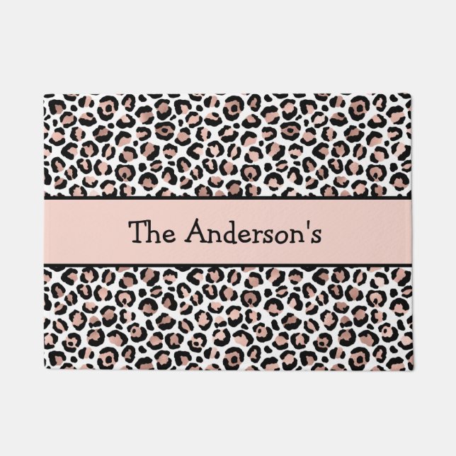Monogram Rose Gold Black Leopard Print Trendy Doormat (Front)