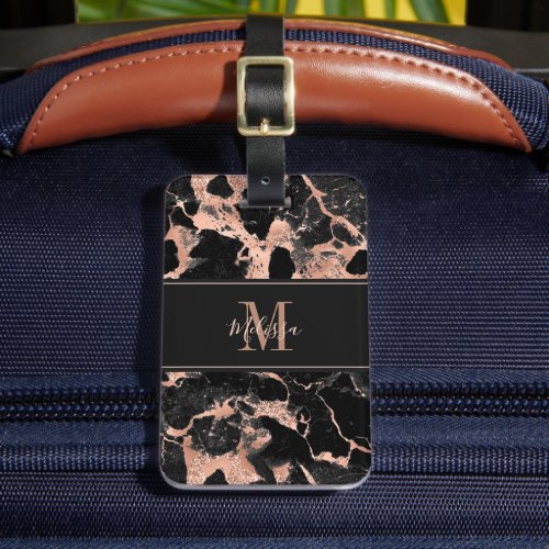Monogram Rose Gold Black Marble Luggage Tag