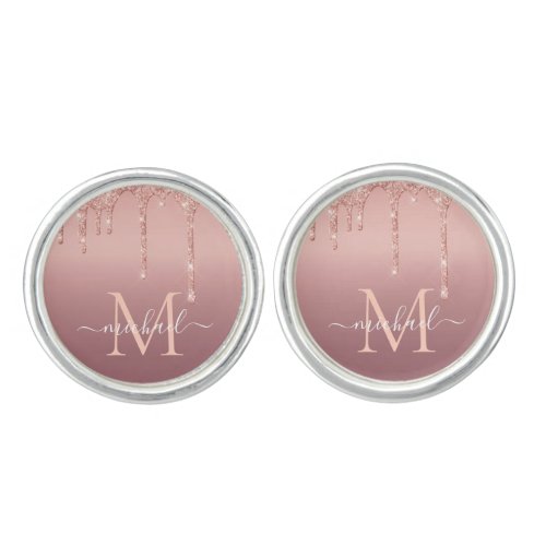 Monogram Rose Gold Blush Glitter Name Cufflinks