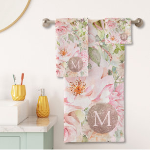 Monogram Rose Gold Blush Pink Watercolor Floral Bath Towel Set
