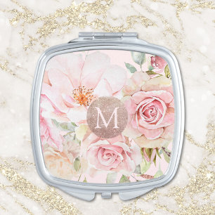 Monogram Rose Gold Blush Pink Watercolor Floral  Compact Mirror