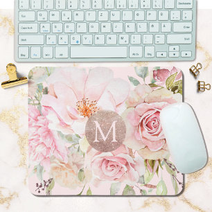 Monogram Rose Gold Blush Pink Watercolor Floral Mouse Pad