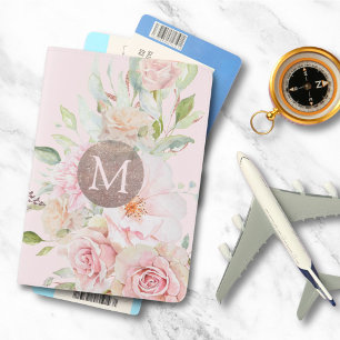 Monogram Rose Gold Blush Pink Watercolor Floral  Passport Holder