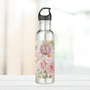 Monogram Rose Gold Blush Pink Watercolor Floral Stainless Steel Water Bottle