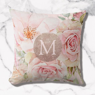 Monogram Rose Gold Blush Pink Watercolor Floral Throw Pillow