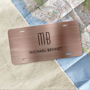 Monogram Rose Gold Brushed Metallic License Plate