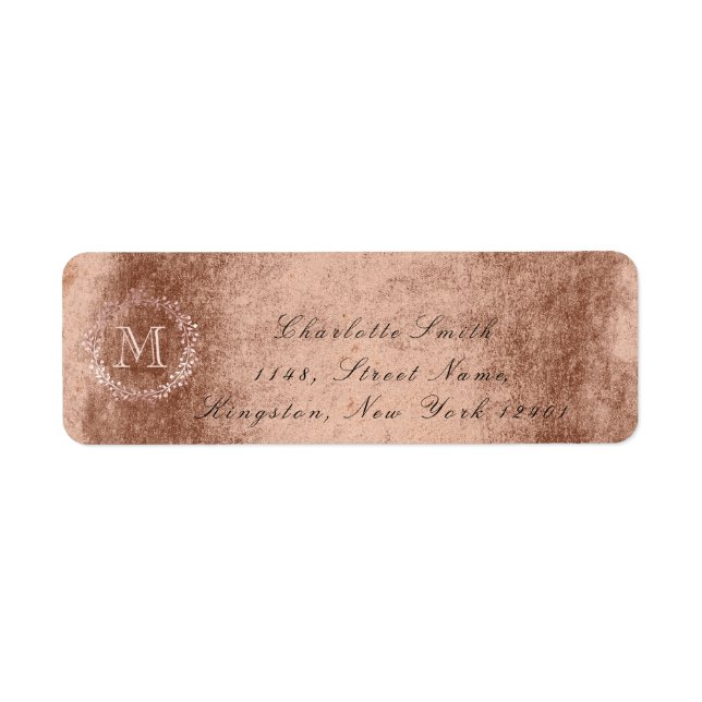 Monogram Rose Gold Copper Wreath Royal RSVP Label (Front)