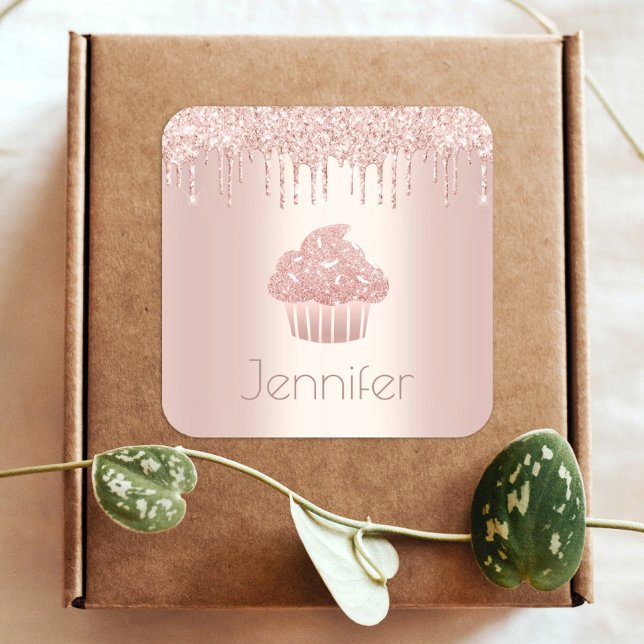 Monogram rose gold cupcake glitter drips modern square sticker (Creator Uploaded)