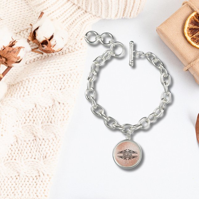 Monogram Rose Gold Damask Black Pink Gift Her Bracelet (Rose gold monogrammed Name Initials Mother's Charm Bracelet, or Bridesmaid gift)
