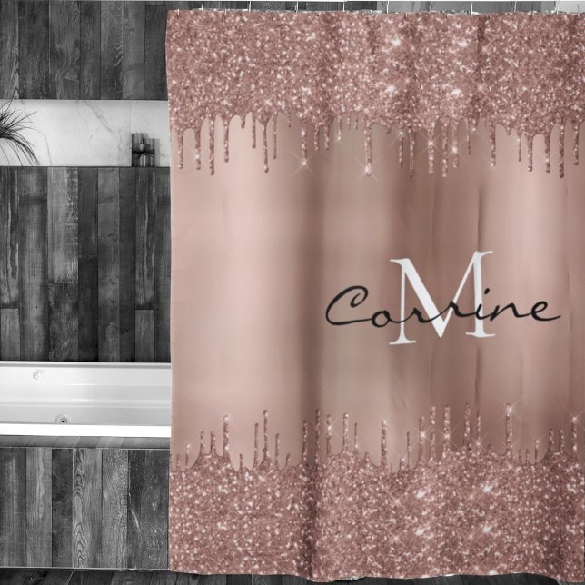 Monogram Rose Gold Dbl Dripping Glitter Metallic Shower Curtain (Creator Uploaded)