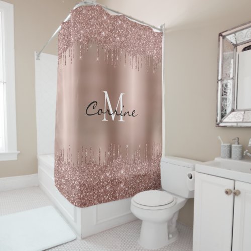 Monogram Rose Gold Dbl Dripping Glitter Metallic Shower Curtain