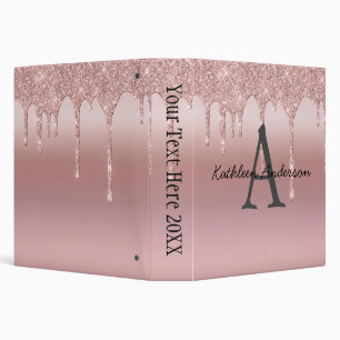 Monogram Rose Gold Drip Glitter Blush Pink Trendy 3 Ring Binder