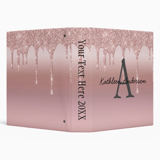 Monogram Rose Gold Drip Glitter Blush Pink Trendy  3 Ring Binder (Background)