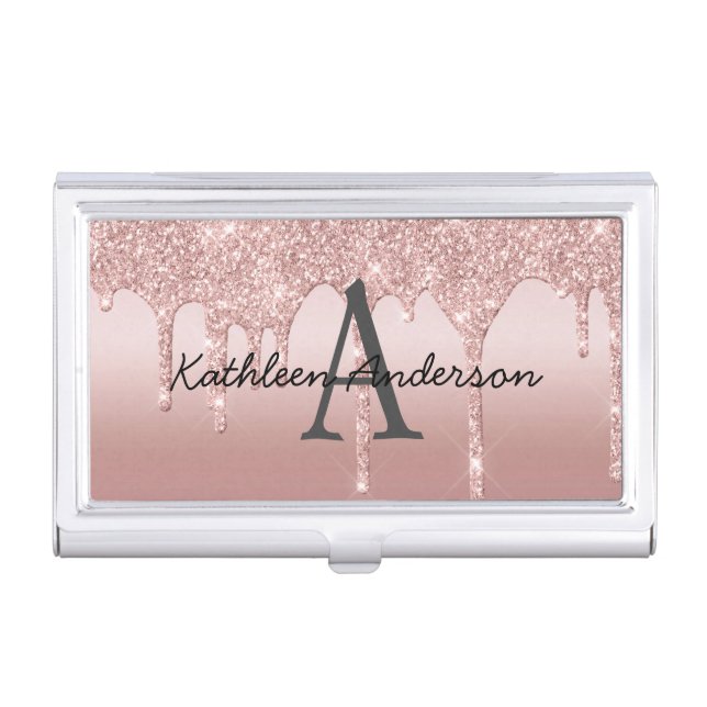 Monogram Rose Gold Drip Glitter Blush Pink Trendy Business Card Case (Front)