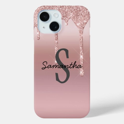 Monogram Rose Gold Drip Glitter Blush Pink Trendy  iPhone 15 Case