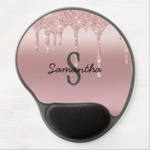 Monogram Rose Gold Drip Glitter Blush Pink Trendy Gel Mouse Pad
